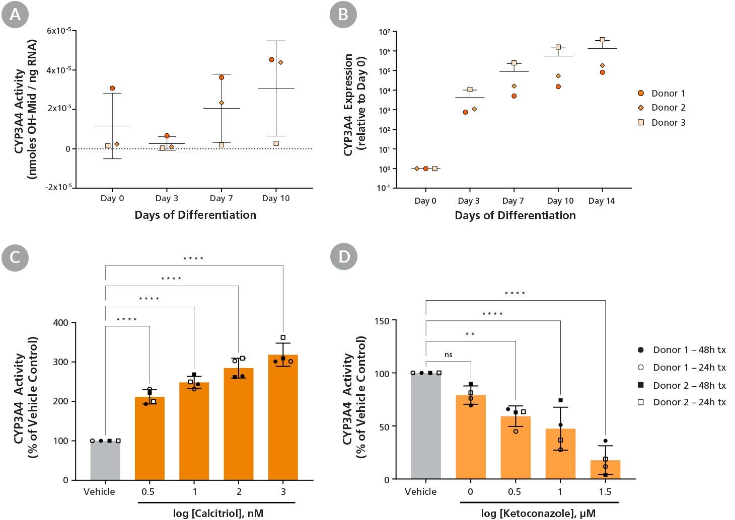 Graphs demonstrating that CYP3A4 Activity Can Be Modulated in Differentiated Hepatic Organoids Upon Drug Treatment